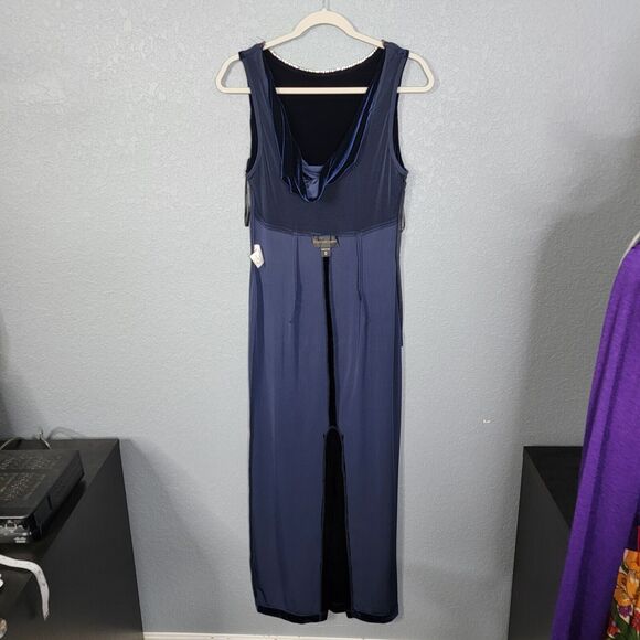 Vintage 90s Y2K Scott McClintock Dress M Blue Velvet Rhinestone Cowl Back Mesh - Picture 11 of 16